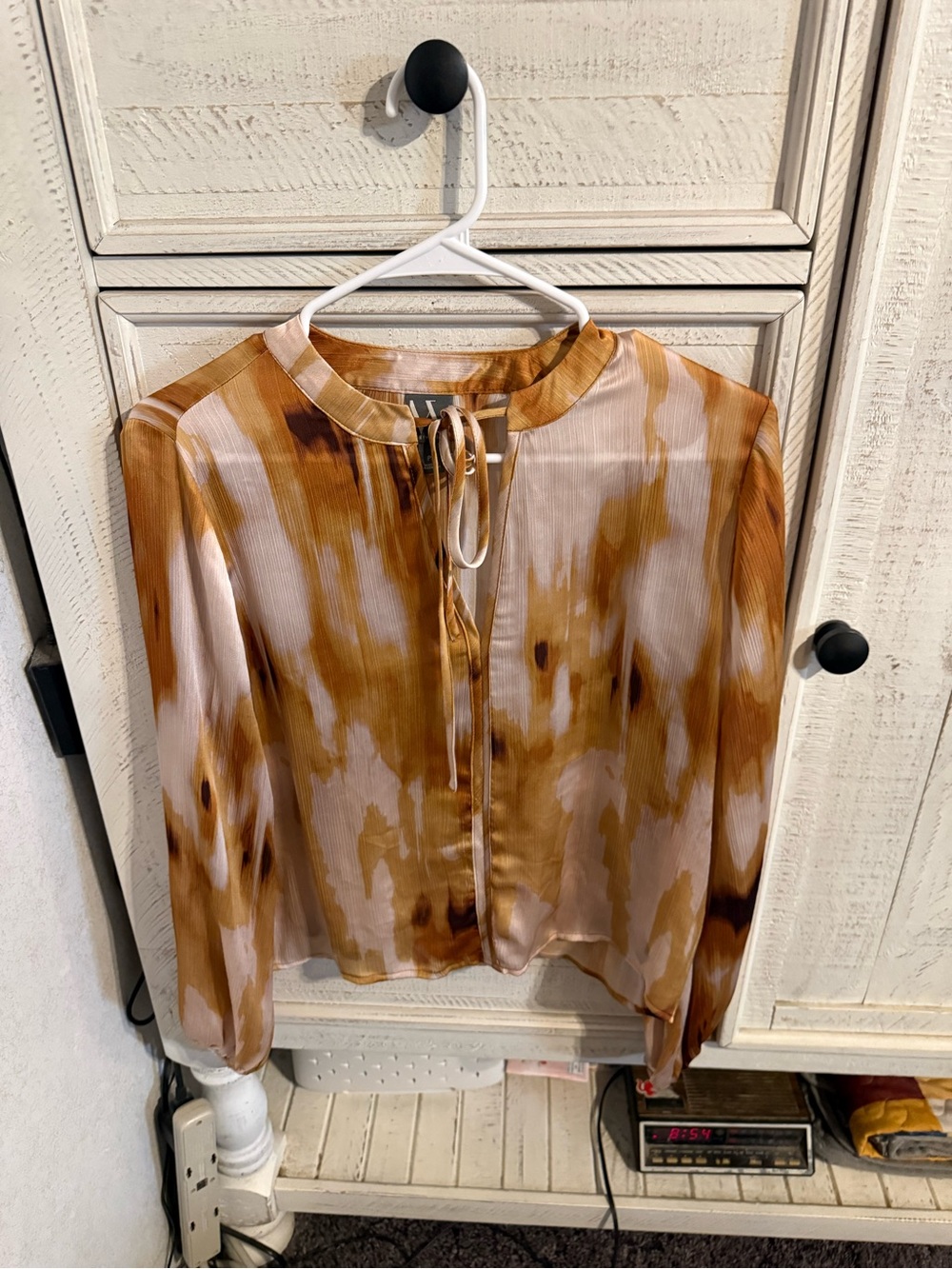 Worthington Brown and Cream Tie-Neck Blouse